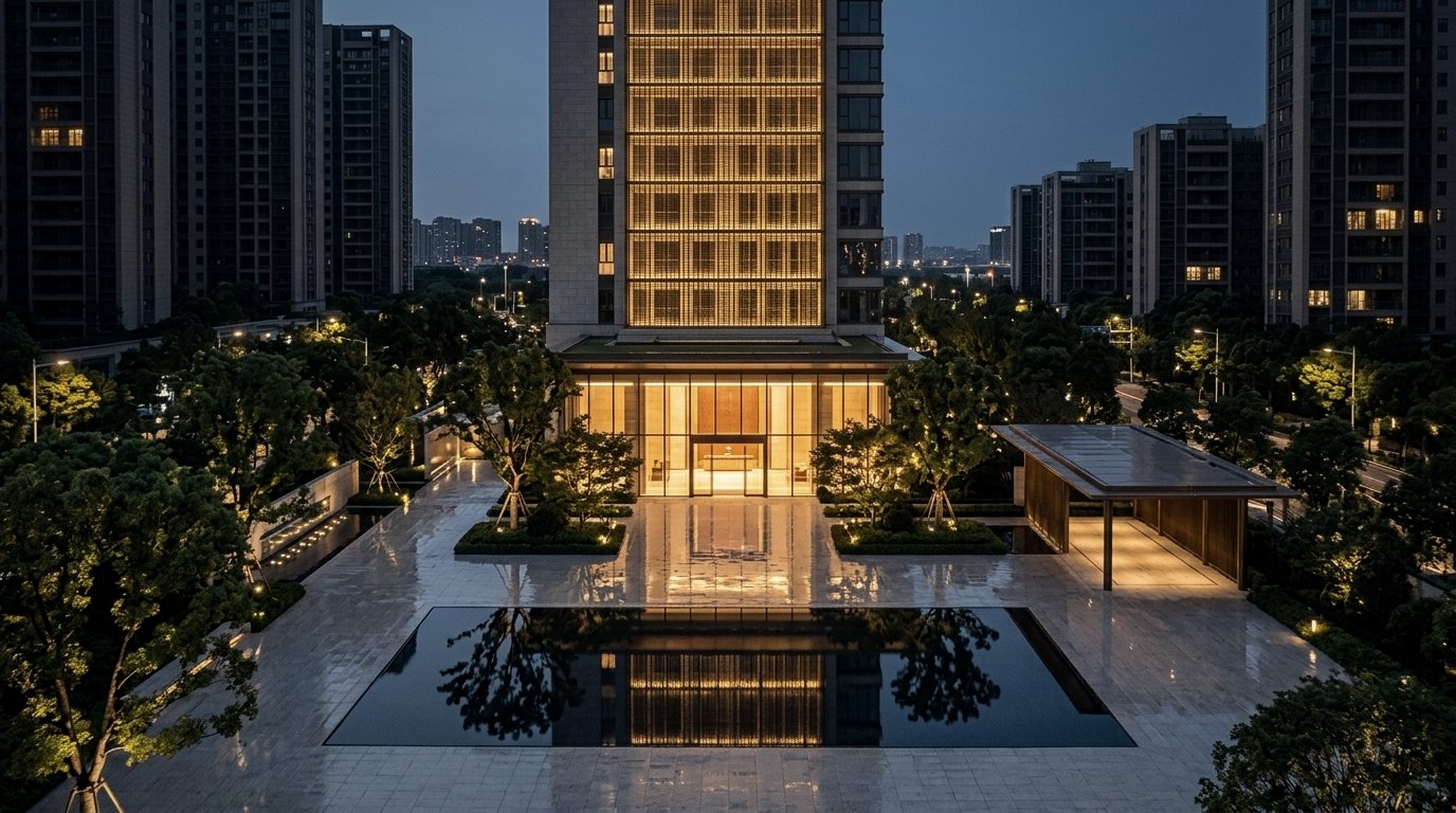 入夜的中庭與水景